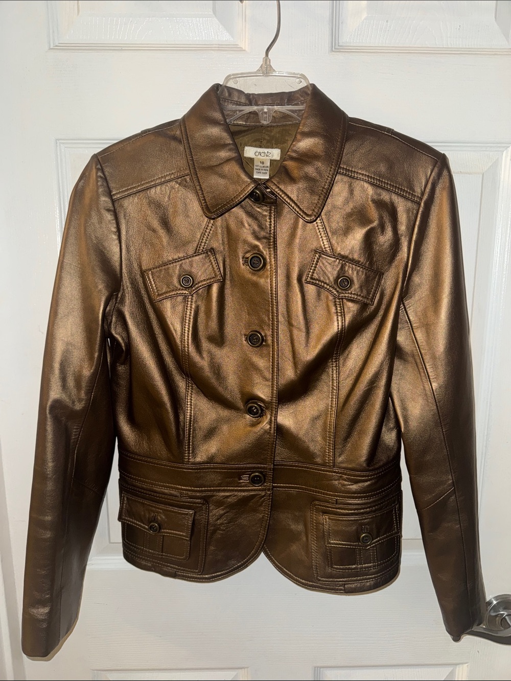 Cache Metallic Bronze Leather Button-Front Jacket
